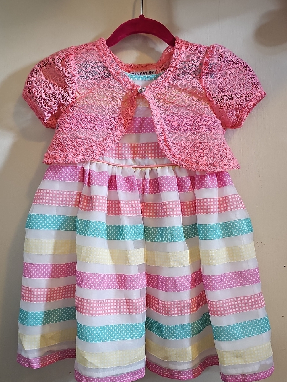 BOGO 🎀 Blueberi Boulevard Pink Lace Bolero with Pastel Striped Dress